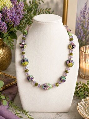 ARTISAN Lampwork & Peridot Gemstone Multicolor Floral/Firefly Beaded Necklace